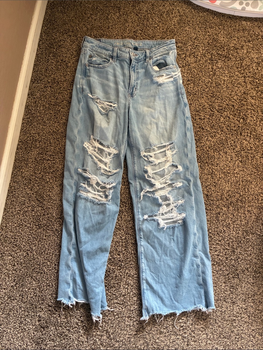 American Eagle Outfitters Light Wash Distressed Wide-Leg Standard Jeans